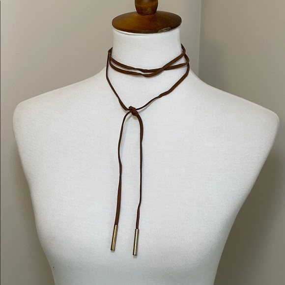 Long boho leather wrap layer necklace gold ends - Picture 2 of 6